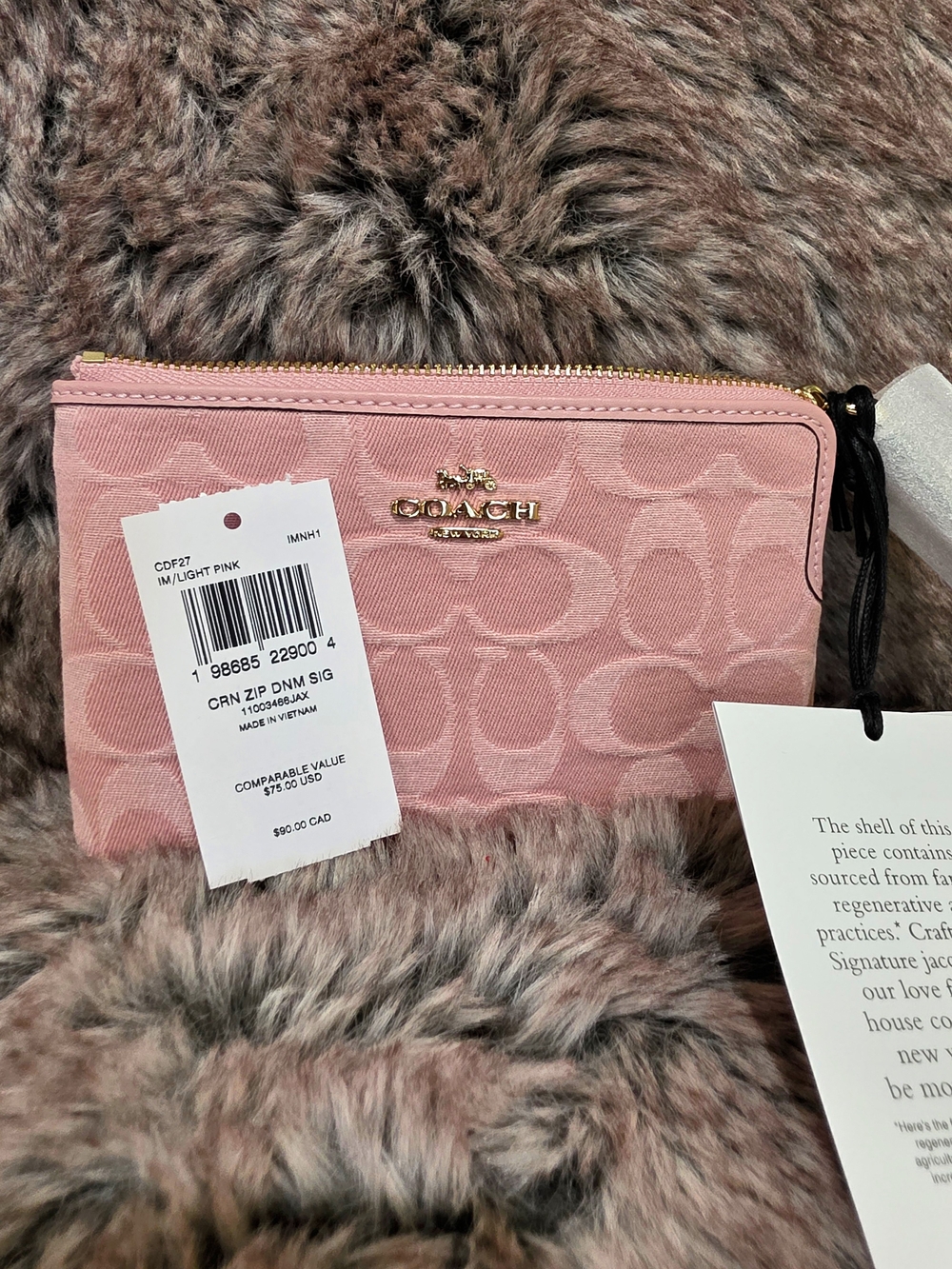 COACH Light Pink Signature Zip Pouch with Gold Hardware